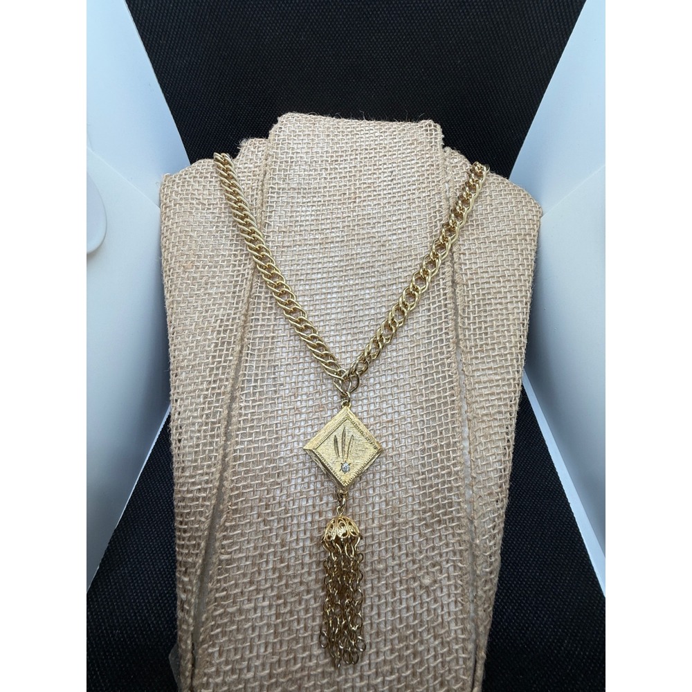Vintage Gold Tone Diamond Tassel Pendant Necklace Textured Rhinestone Statement